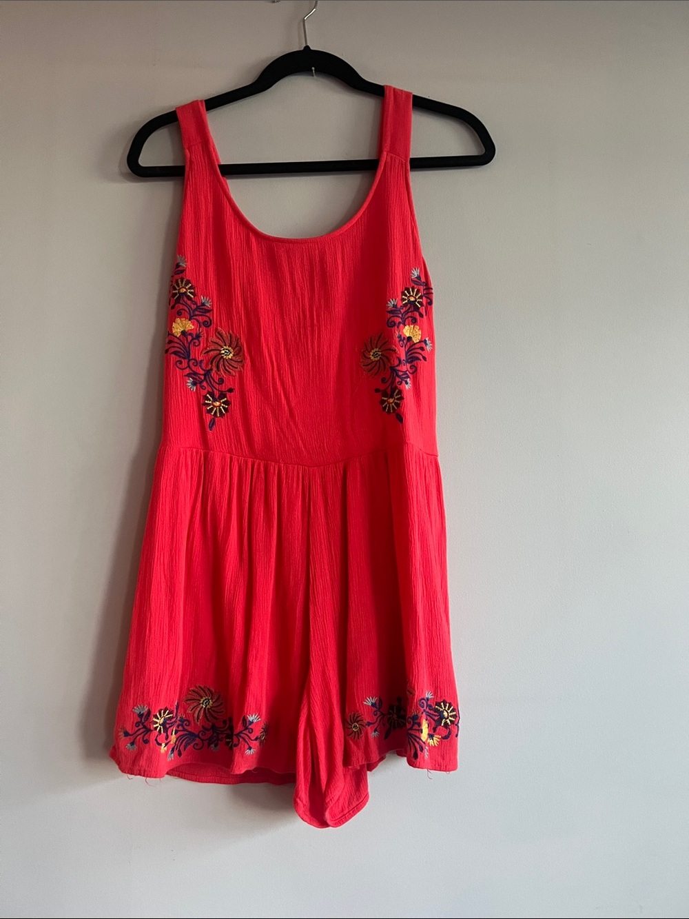 Bright Coral Pink Embroidered One-Piece Romper